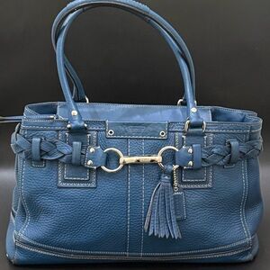 Vintage COACH F13087 Hamptons Blue Pebbled Leather Tassel Braided Satchel Bag